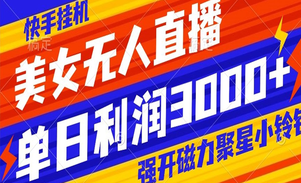 快手挂机，美女无人直播，强开磁力聚星小铃铛，日入3000+